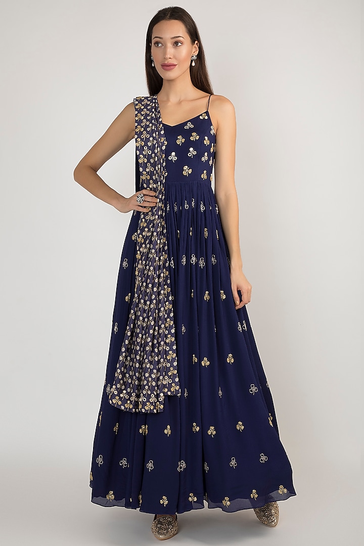 Blue Embroidered Anarkali With Printed Dupatta by Ease