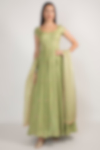 Pista Green Embroidered Anarkali With Dupatta by Ease