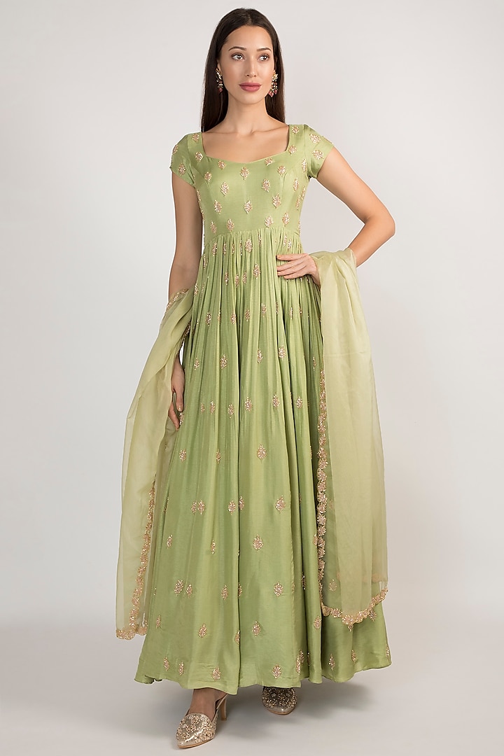 Pista Green Embroidered Anarkali With Dupatta by Ease