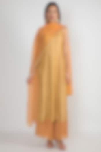 Yellow & Peach Embroidered Kurta Set by Ease