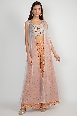 Light Lilac Printed Crop Top With Jacket & Peach Pants by Ease