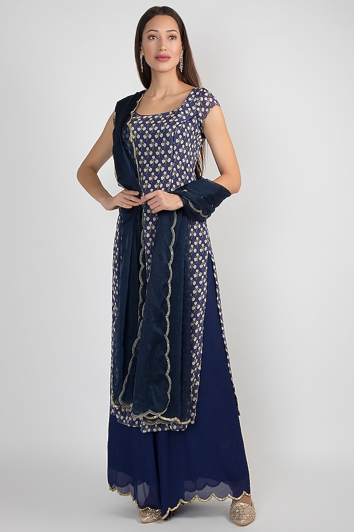 Blue Printed & Embroidered Kurta Set by Ease