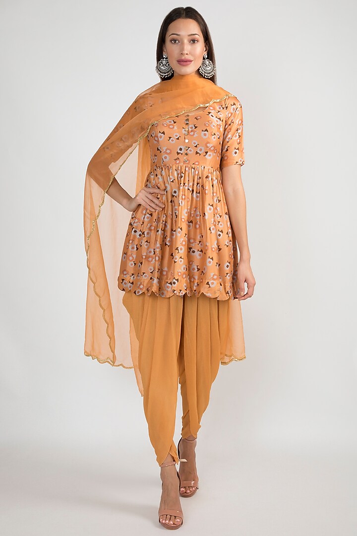 Peach Printed & Embroidered Kurta Set by Ease