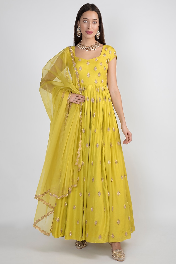 Lime Green Embroidered Anarkali With Dupatta by Ease