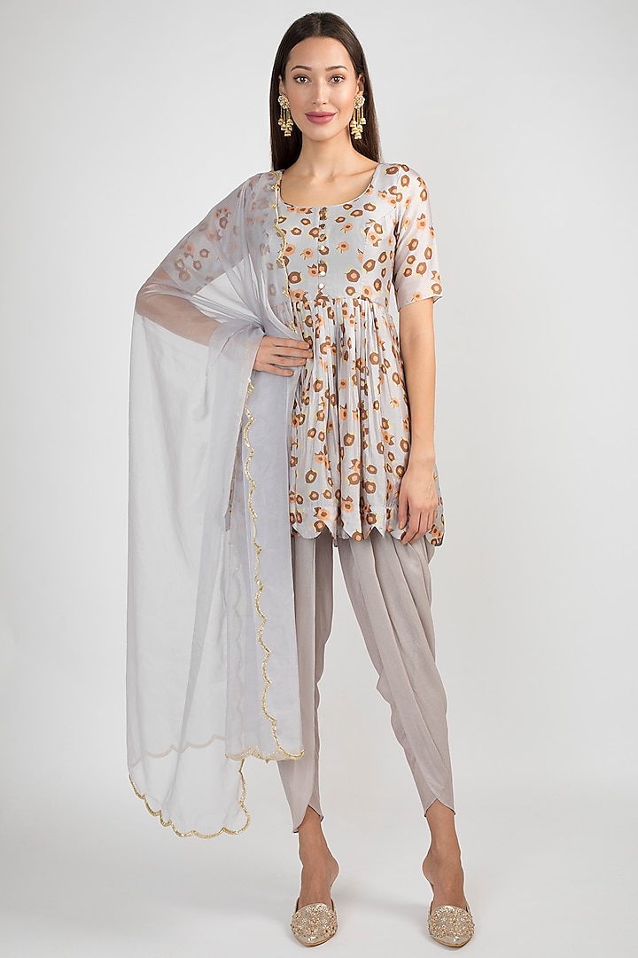 Light Lilac Printed & Embroidered Dhoti Kurta Set by Ease
