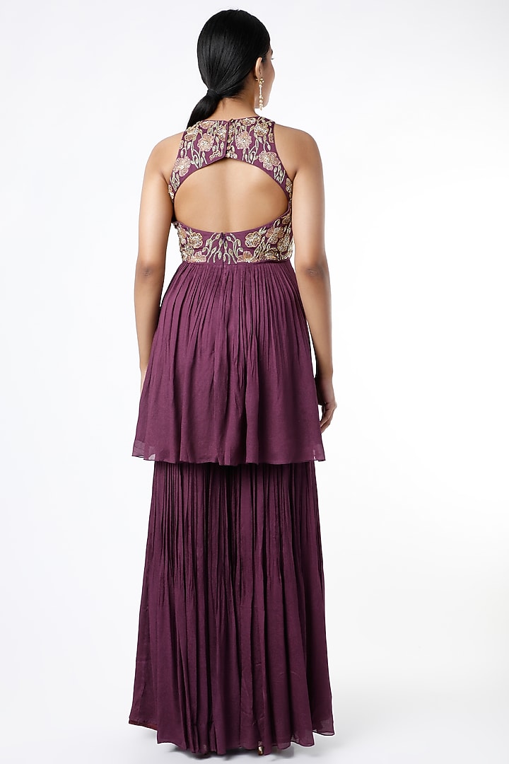 Dark Purple Crepe Wedding Sharara Set by Ease at Pernia's Pop Up Shop