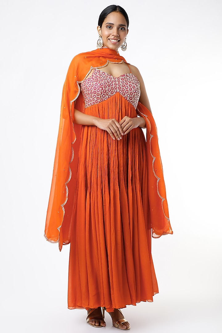 Orange Aari Embroidered Scalloped Anarkali Set by Ease