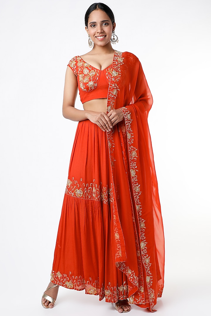 Rust Orange Aari Embroidered Sharara Set by Ease