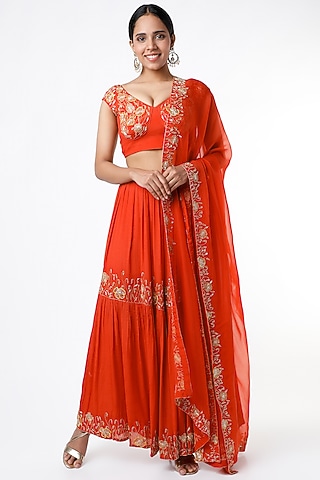 Rust Orange Aari Embroidered Sharara Set by Ease