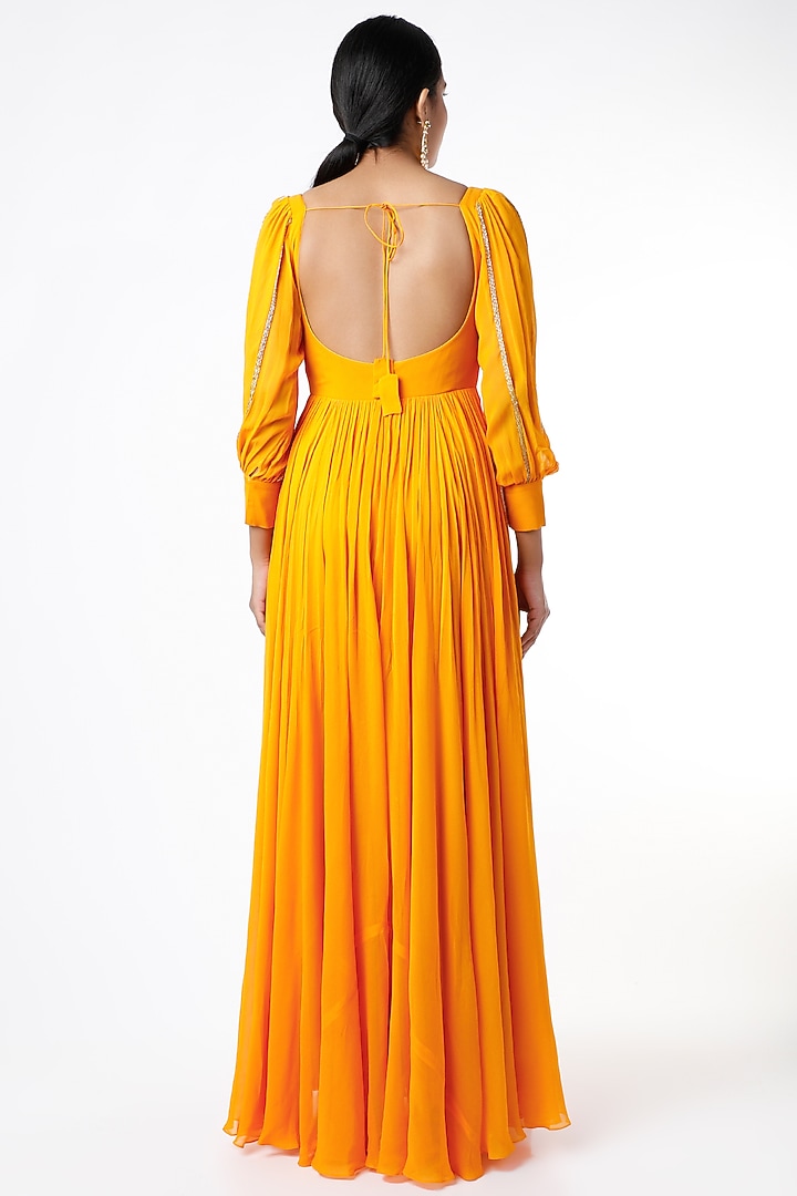 Mango Yellow Aari Embroidered Wedding Anarkali Set by Ease at Pernia's Pop Up Shop