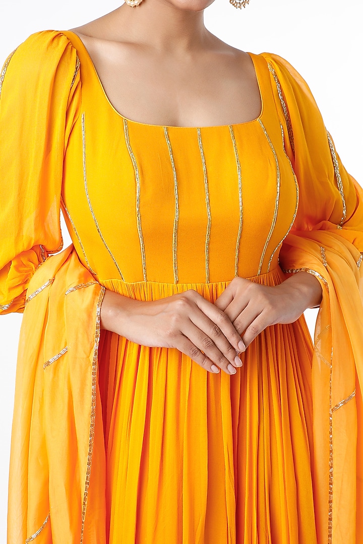 Mango Yellow Aari Embroidered Wedding Anarkali Set by Ease at Pernia's Pop Up Shop