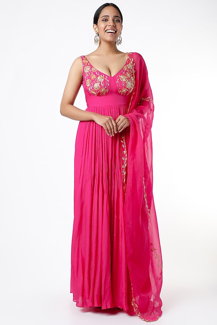 Fuchsia Aari Embroidered Anarkali Set by Ease at Pernia's Pop Up Shop