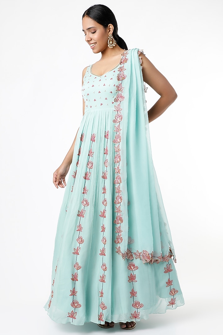 Mint Blue Aari Embroidered Wedding Anarkali Set by Ease at Pernia's Pop Up Shop