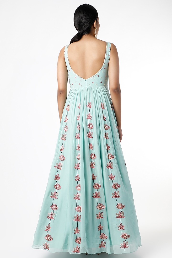 Mint Blue Aari Embroidered Wedding Anarkali Set by Ease at Pernia's Pop Up Shop