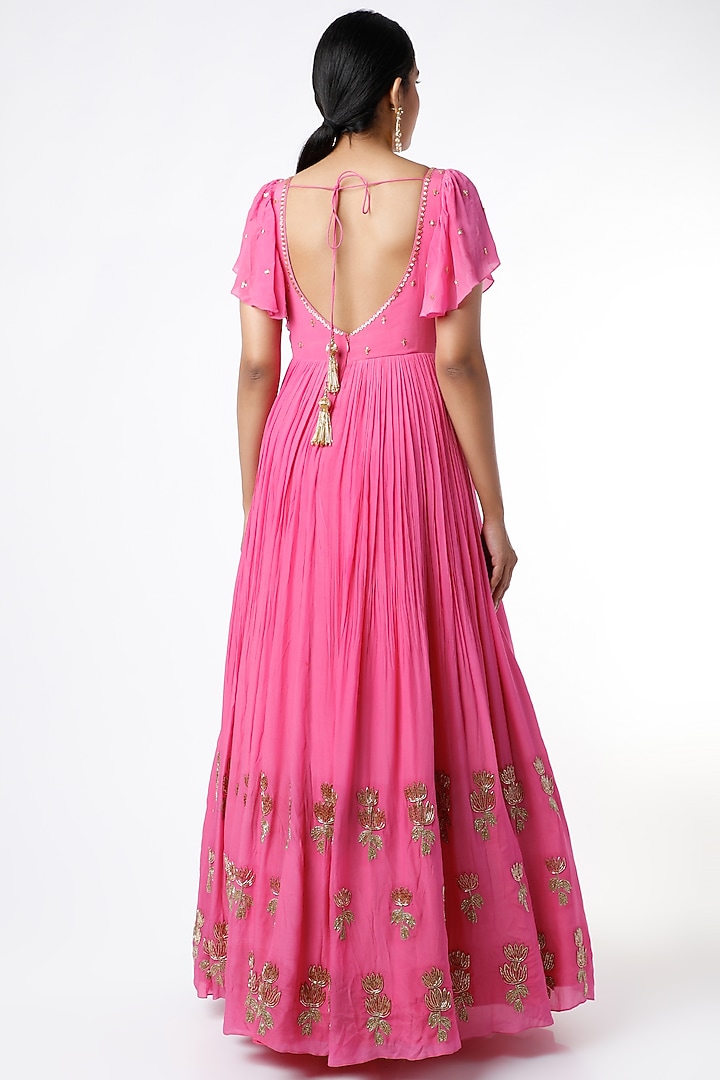 Bubble Pink Aari Embroidered Lotus Half Kalidar Wedding Anarkali Set by Ease at Pernia's Pop Up Shop