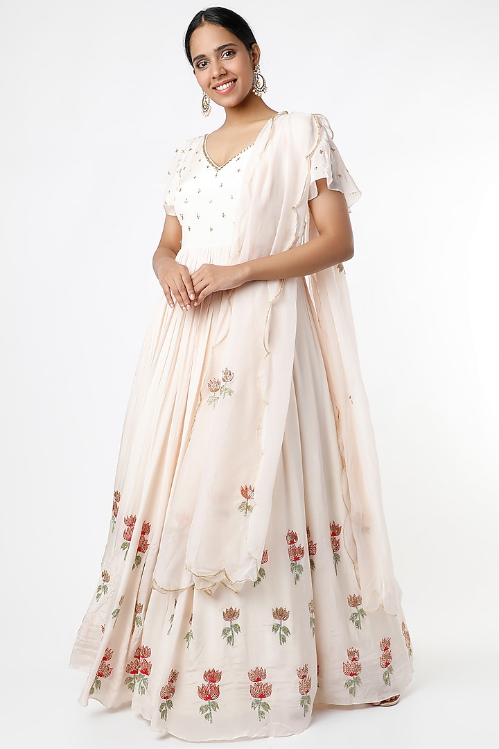 White Aari Embroidered Lotus Half Kalidar Anarkali Set by Ease at Pernia's Pop Up Shop