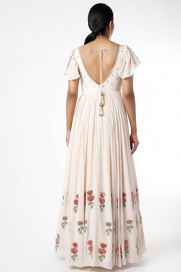 White Aari Embroidered Lotus Half Kalidar Wedding Anarkali Set by Ease at Pernia's Pop Up Shop
