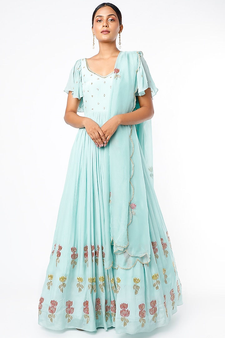Mint Blue Embroidered Half-Kalidar Wedding Anarkali Set by Ease at Pernia's Pop Up Shop