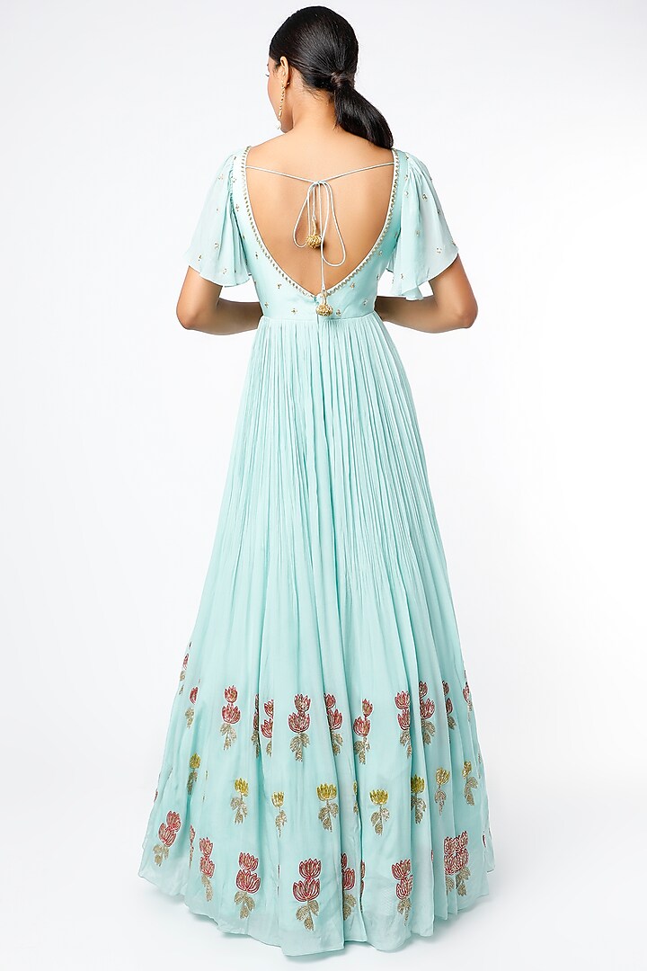 Mint Blue Embroidered Half-Kalidar Wedding Anarkali Set by Ease at Pernia's Pop Up Shop