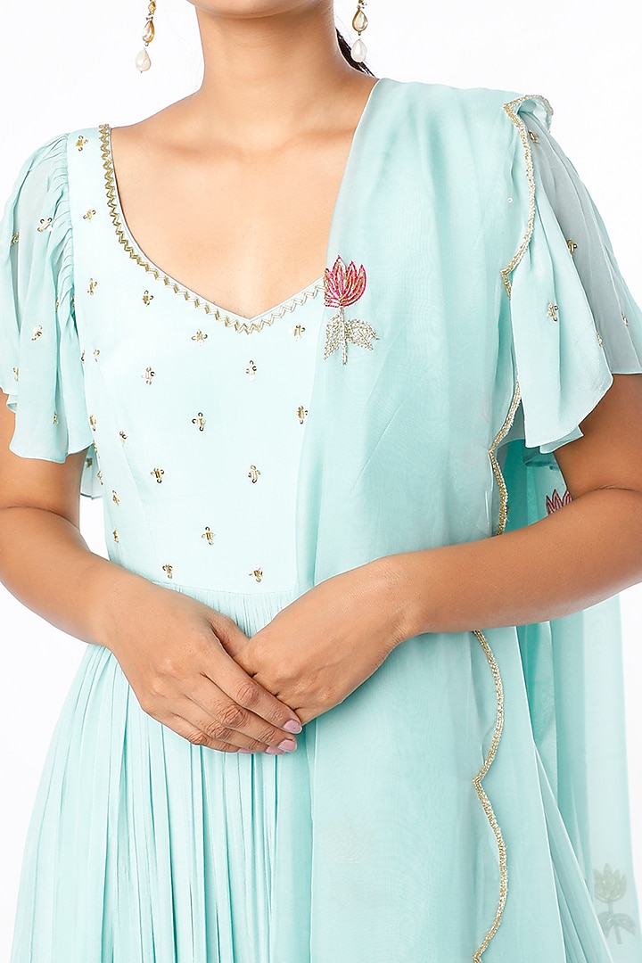 Mint Blue Embroidered Half-Kalidar Wedding Anarkali Set by Ease at Pernia's Pop Up Shop