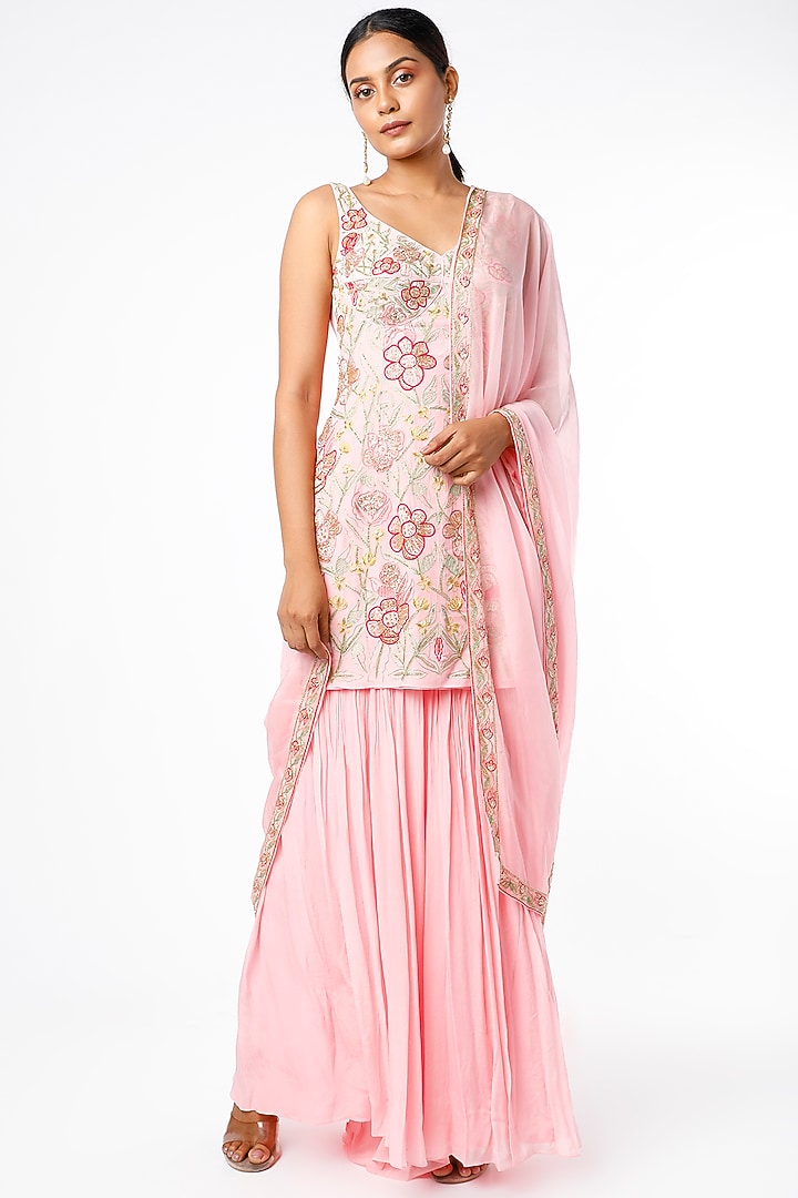 Baby Pink Crepe & Viscose Organza Wedding Sharara Set by Ease at Pernia's Pop Up Shop