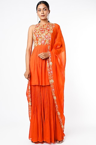 Blaze Orange Viscose Organza Sharara Set by Ease