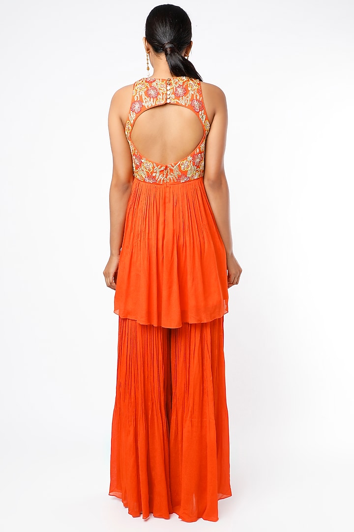 Blaze Orange Viscose Organza Wedding Sharara Set by Ease at Pernia's Pop Up Shop