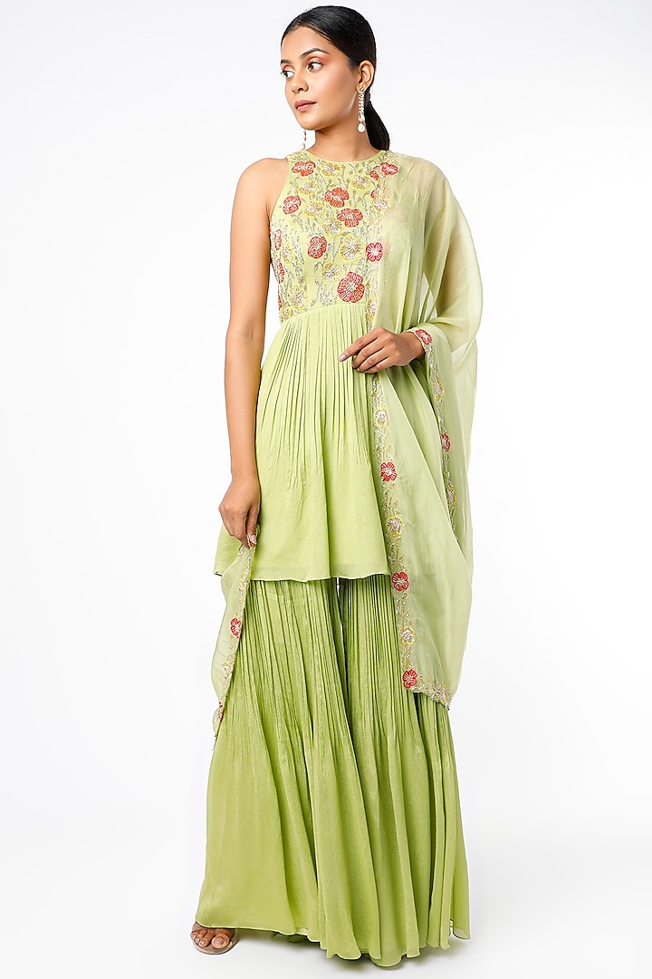 Pista Green Viscose Organza Sharara Set by Ease at Pernia's Pop Up Shop