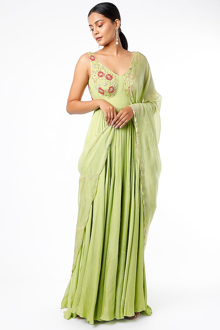 Pista Green Aari Embroidered Anarkali Set by Ease at Pernia's Pop Up Shop