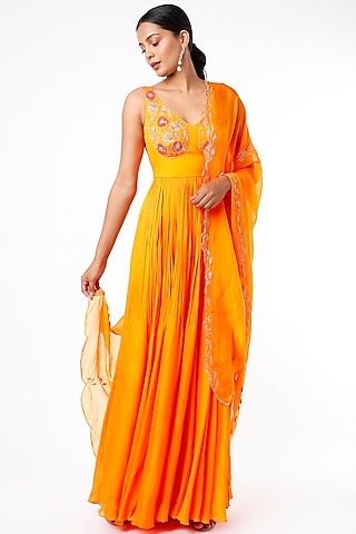 Mango Yellow Aari Embroidered Anarkali Set by Ease