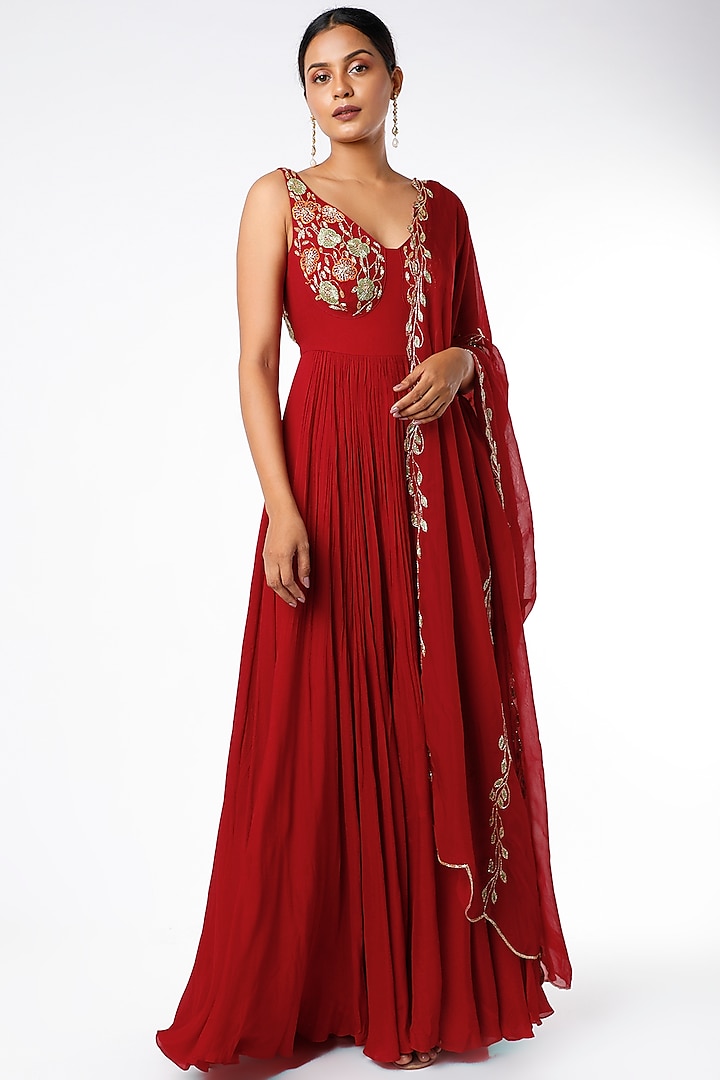 Fiery Red Aari Embroidered Anarkali Set by Ease
