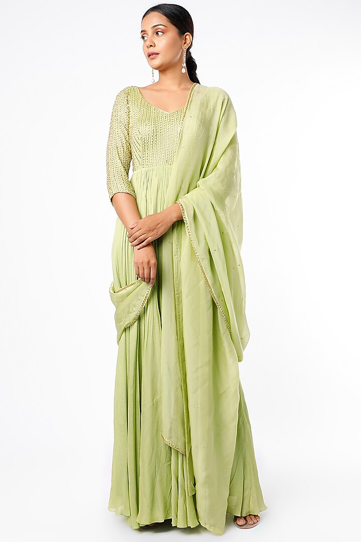 Pista Green Zig-Zag Aari Embroidered Anarkali Set by Ease