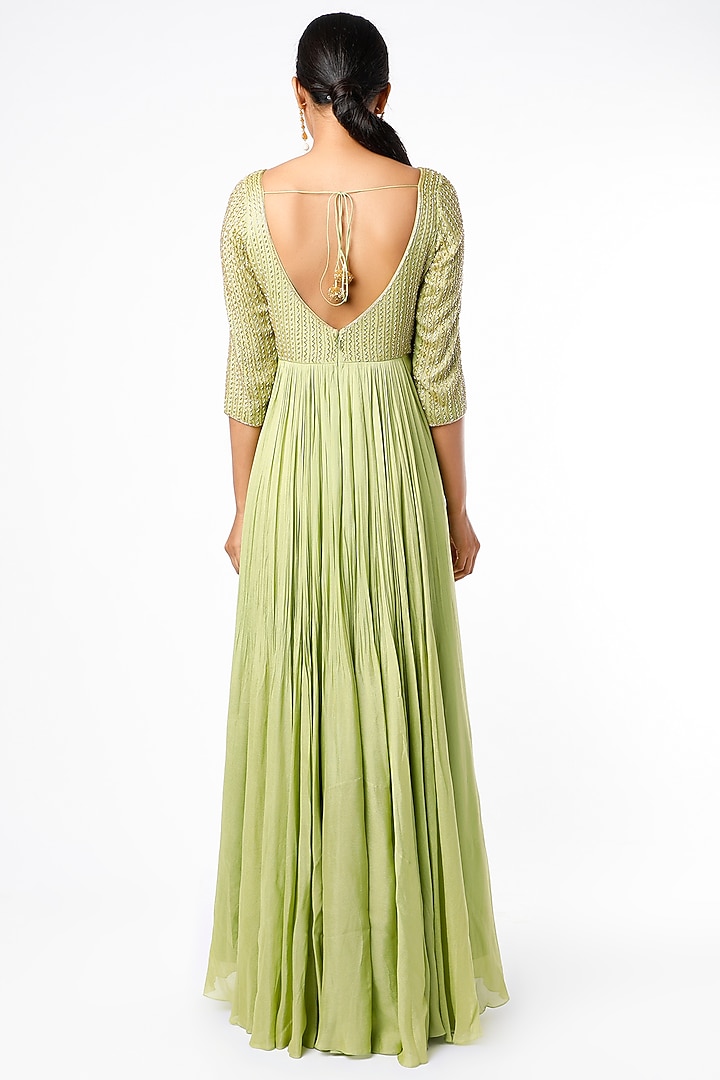 Pista Green Zig-Zag Aari Embroidered Wedding Anarkali Set by Ease at Pernia's Pop Up Shop