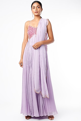 Lilac Aari Embroidered Anarkali Set by Ease