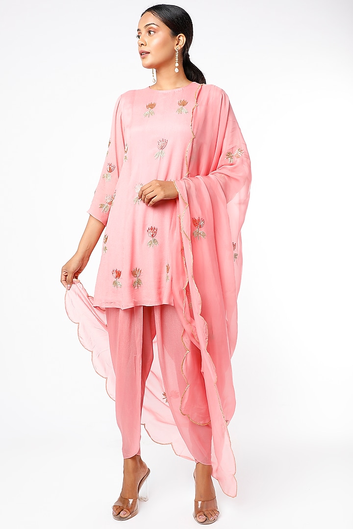 Soft Pink Crepe & Viscose Organza Dhoti Set by Ease