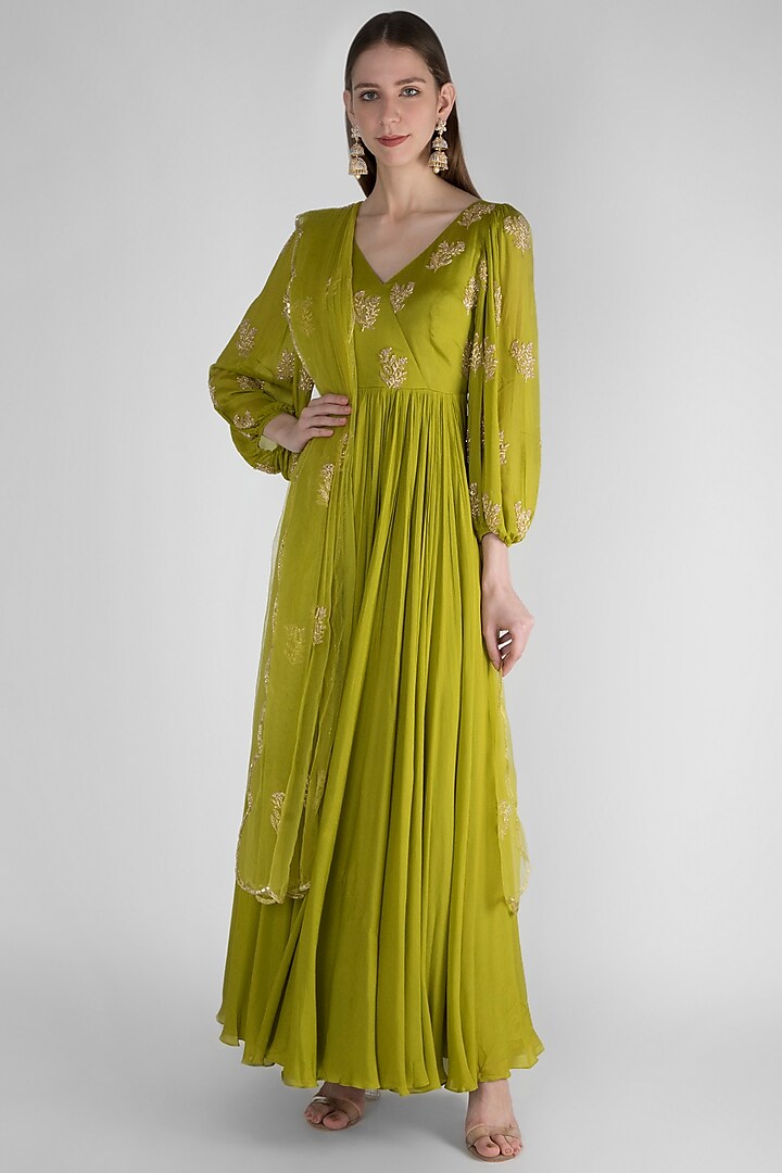 Olive Green Embroidered Anarkali With Dupatta by Ease