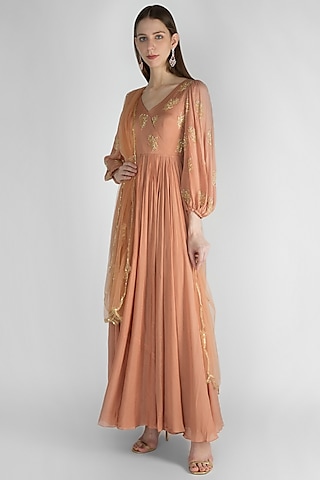 Mauve Pink Embroidered Anarkali With Dupatta by Ease