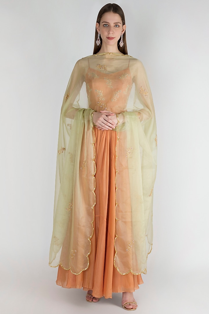 Peach Embroidered Anarkali With Dupatta by Ease