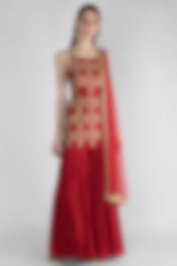 Red Embroidered Sharara Set by Ease