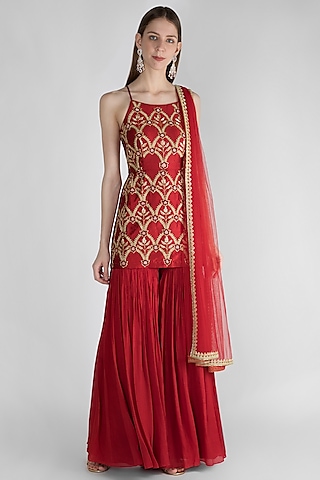 Red Embroidered Sharara Set by Ease