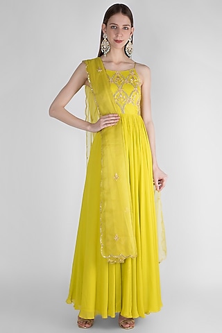 Lime Green Embroidered Anarkali With Dupatta by Ease