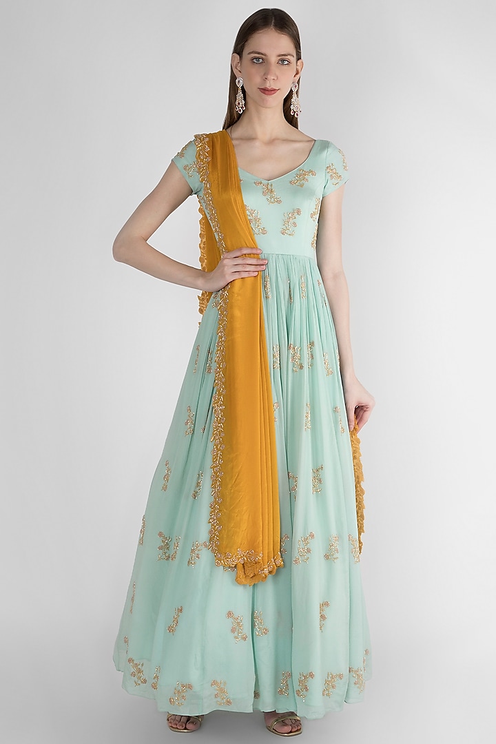Sky Blue Embroidered Anarkali With Dupatta by Ease