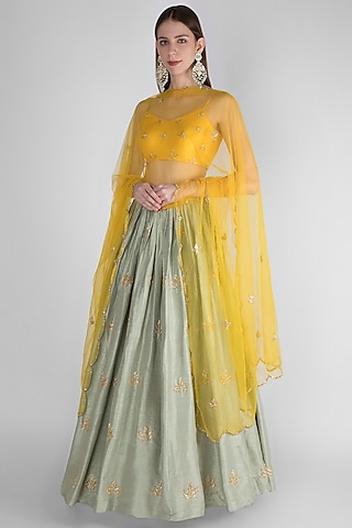 Mint Green Embroidered Lehenga Set by Ease