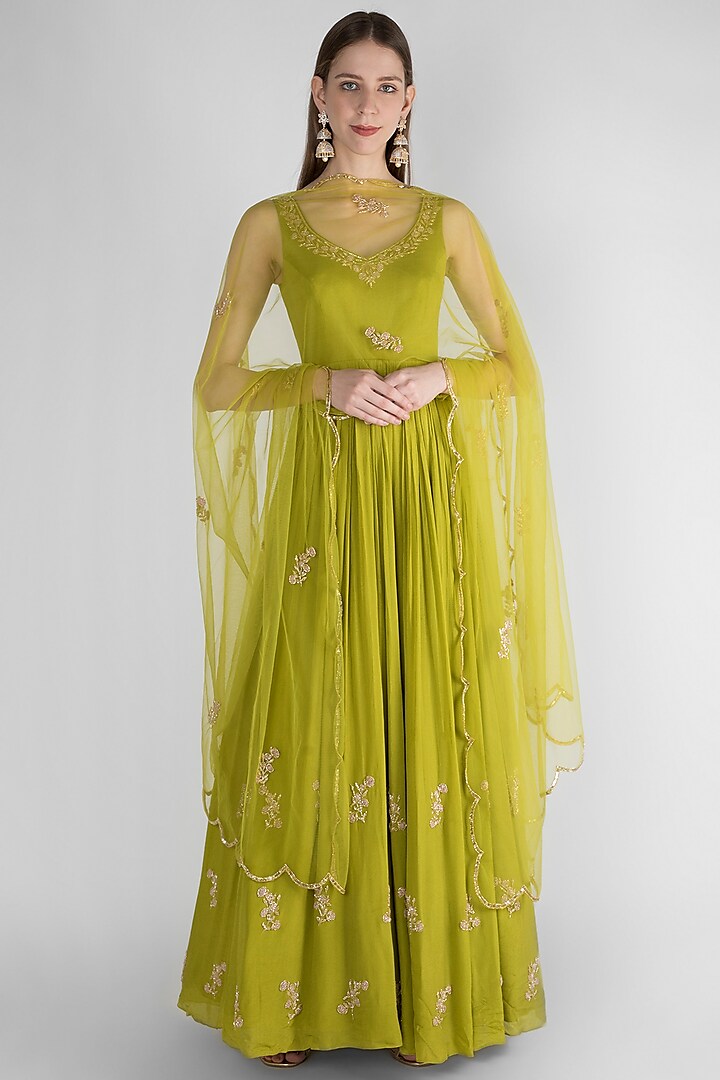 Olive Green Sequins Embroidered Anarkali With Dupatta by Ease