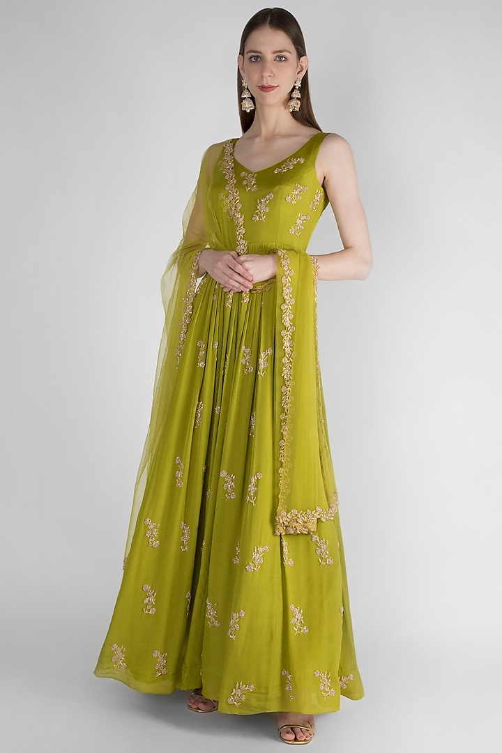Olive Green Embroidered Anarkali With Net Dupatta by Ease