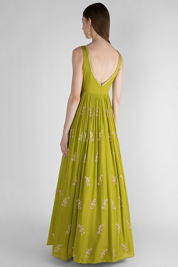Olive Green Embroidered Wedding Anarkali With Net Dupatta by Ease at Pernia's Pop Up Shop