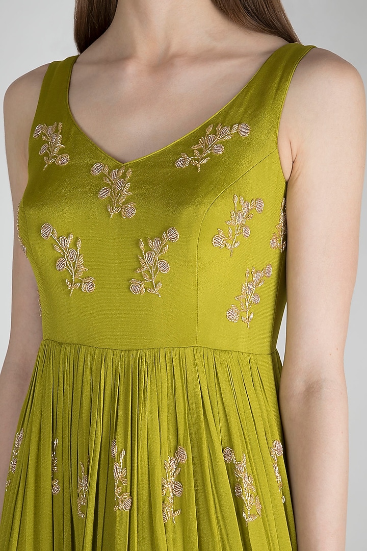 Olive Green Embroidered Wedding Anarkali With Net Dupatta by Ease at Pernia's Pop Up Shop