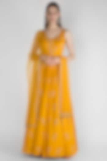 Mustard Yellow Embroidered Anarkali With Net Dupatta by Ease