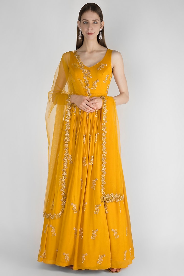 Mustard Yellow Embroidered Anarkali With Net Dupatta by Ease