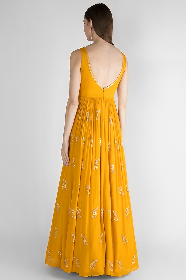 Mustard Yellow Embroidered Wedding Anarkali With Net Dupatta by Ease at Pernia's Pop Up Shop